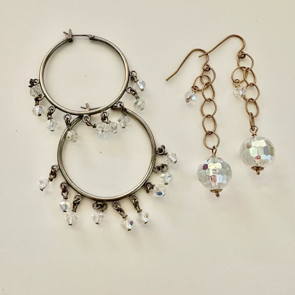 Silver Hoop and Dangle Crystal Earrings Set 2 Pairs